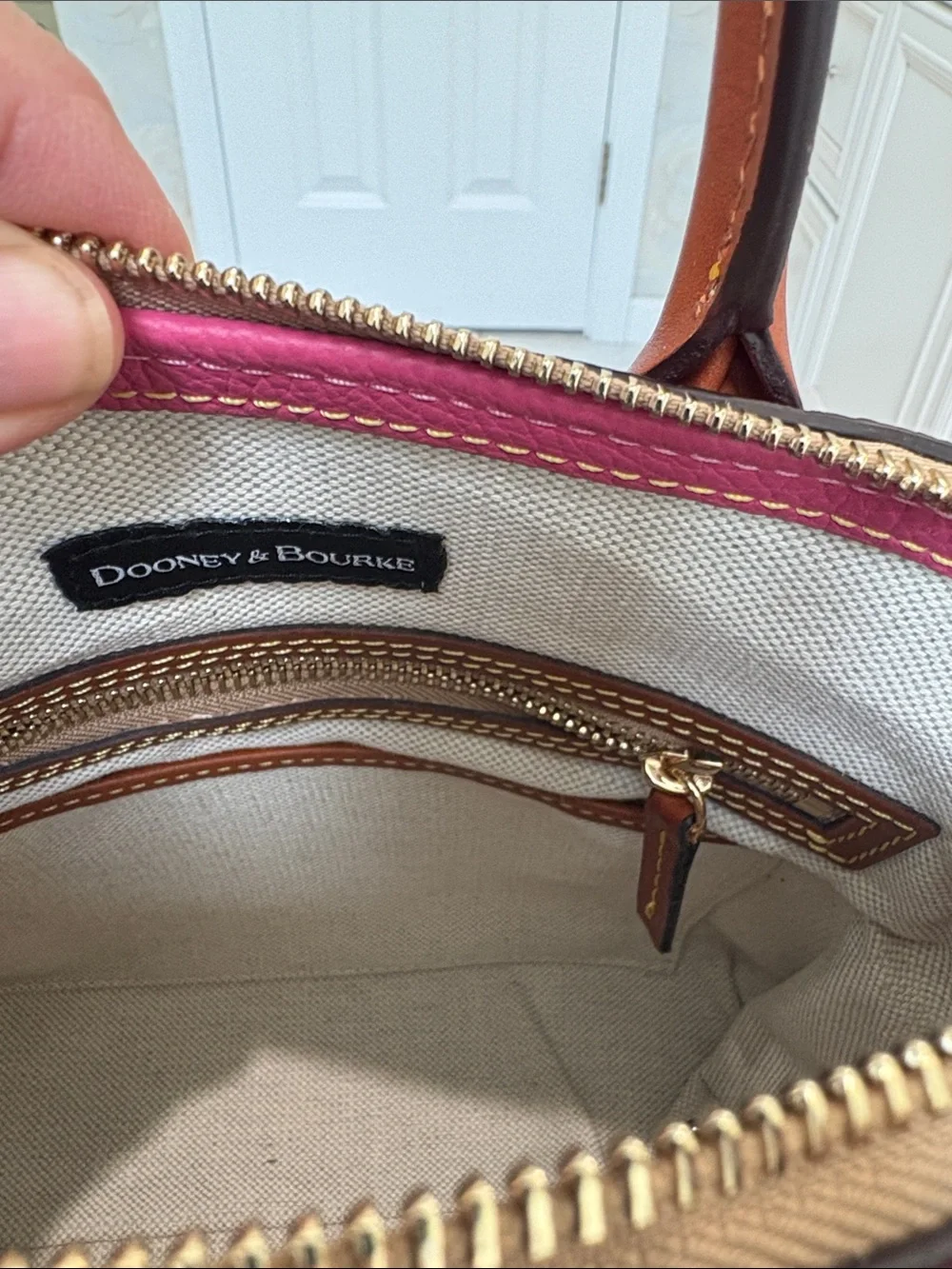 Dooney & Bourke Hot Pink Pebbled Grain Leather Domed Satchel with Brown Trimk